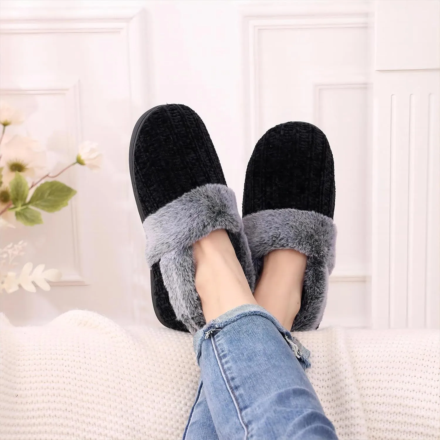 Evshine Women's Fuzzy Memory Foam Slippers, Closed Back Knit Bedroom Slippers, Slip-On Warm House Shoes for Indoor & Outdoor Comfort
