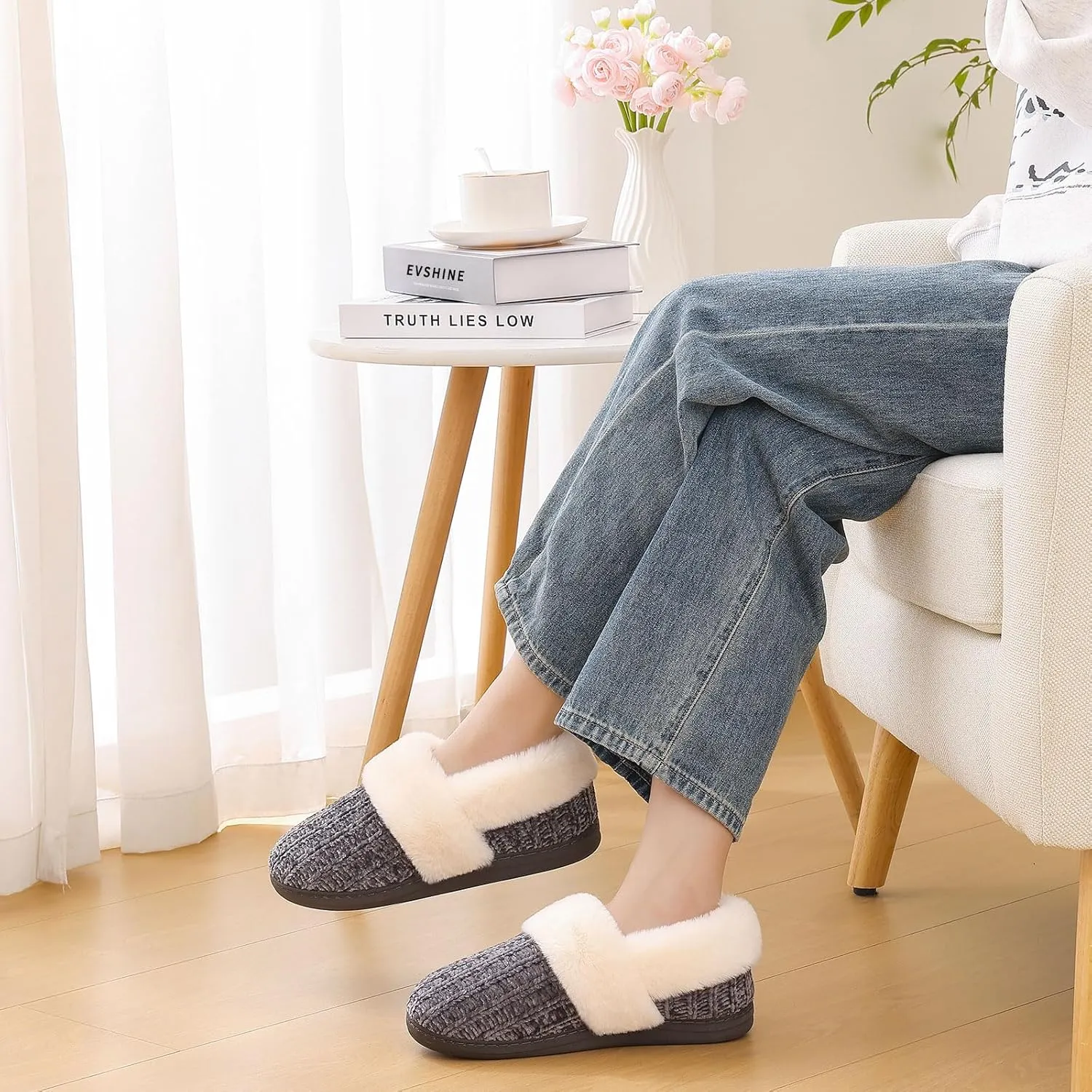 Evshine Women's Fuzzy Memory Foam Slippers, Closed Back Knit Bedroom Slippers, Slip-On Warm House Shoes for Indoor & Outdoor Comfort
