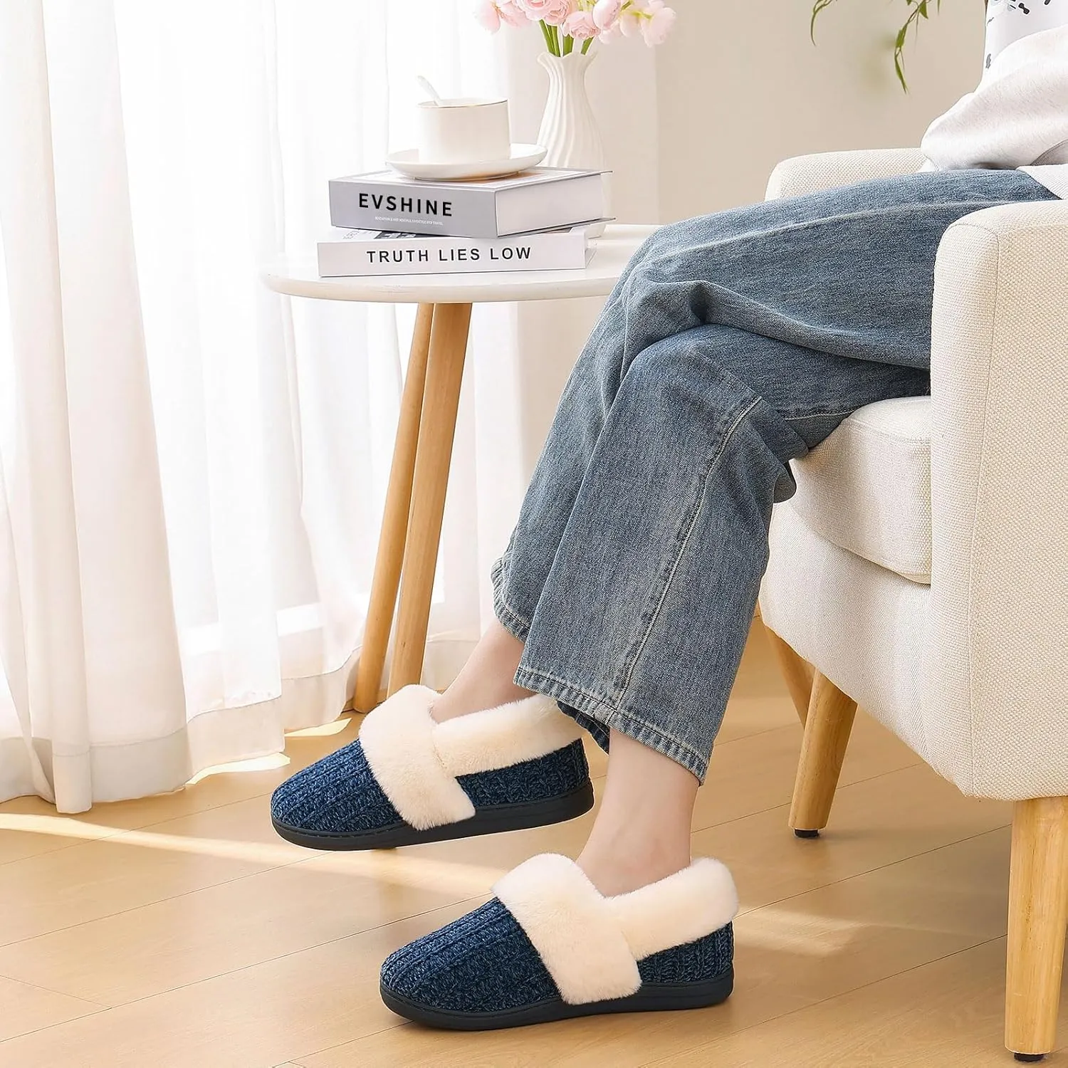 Evshine Women's Fuzzy Memory Foam Slippers, Closed Back Knit Bedroom Slippers, Slip-On Warm House Shoes for Indoor & Outdoor Comfort