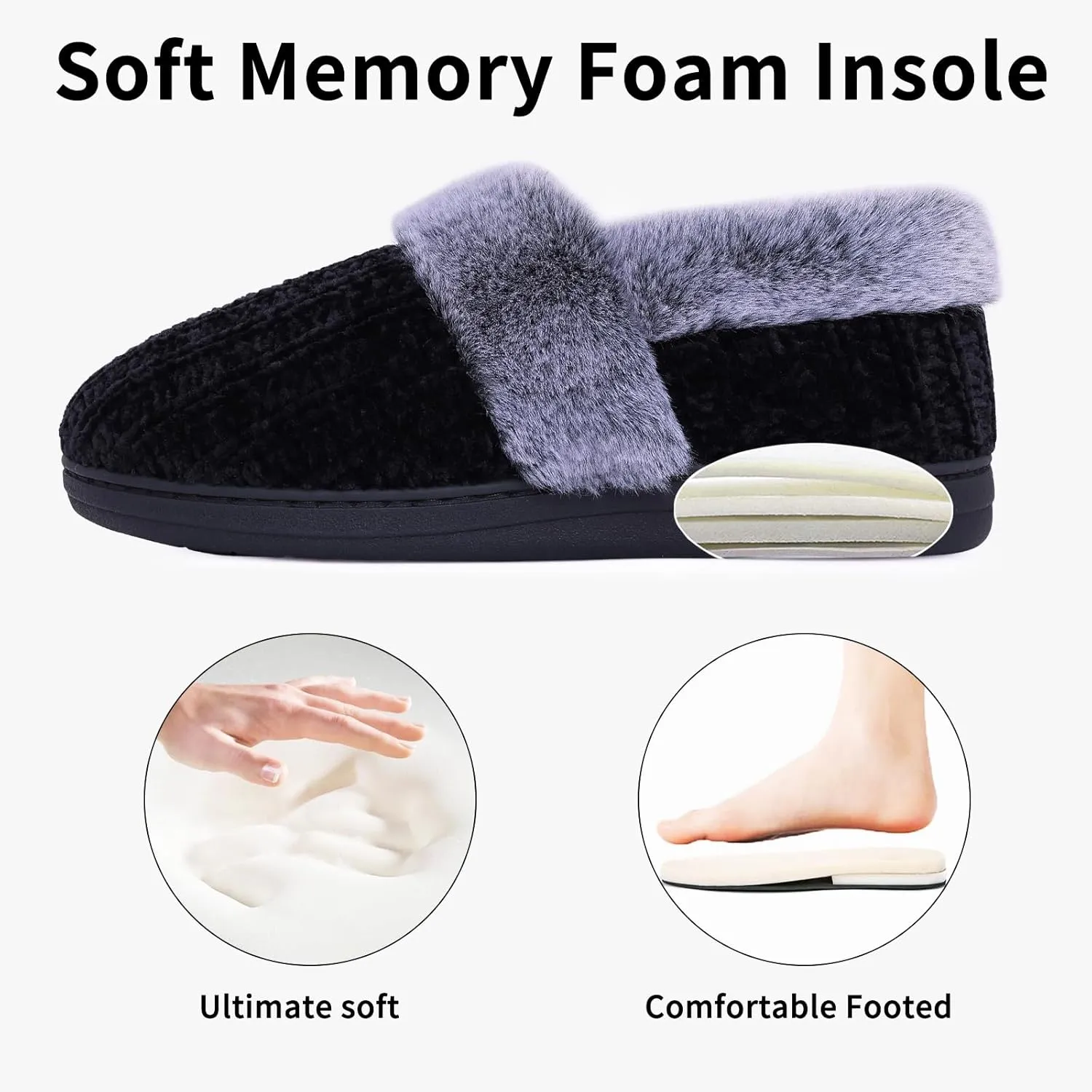Evshine Women's Fuzzy Memory Foam Slippers, Closed Back Knit Bedroom Slippers, Slip-On Warm House Shoes for Indoor & Outdoor Comfort