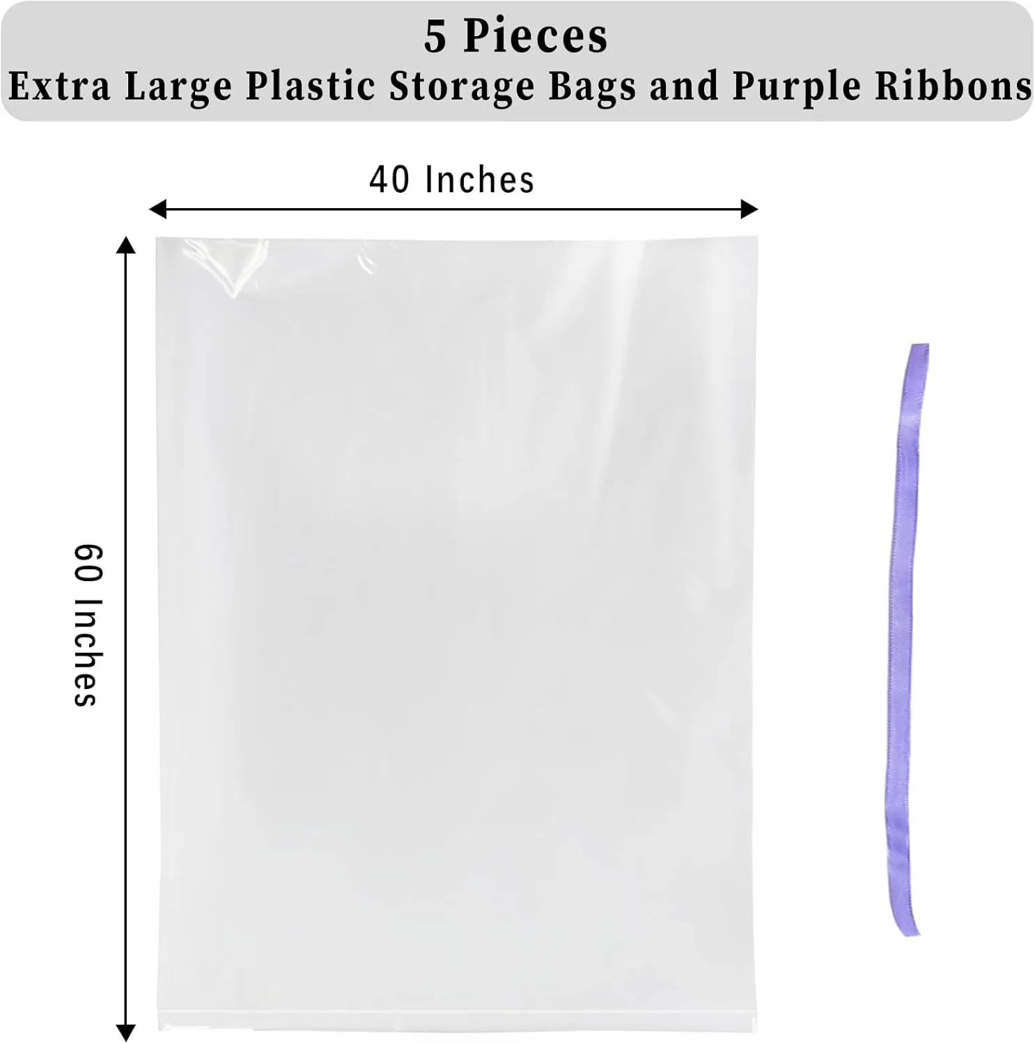 Extra Large Clear Plastic Storage Bags,5Pieces 40x60 Inches Big Giant Jumbo Huge Plastic Storage Bags for Luggage, Suitcase,Furniture,5 Ribbons Included