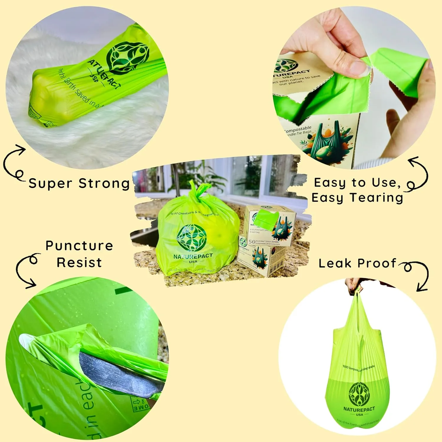 Extra Thick 1 MIL Compostable Trash Bags with Handles, 2.6 Gallon - Heavy Duty, Ultra Durable, Leak Proof, Kitchen Compost Bin Compatible, 50 Count, Handle-Tie