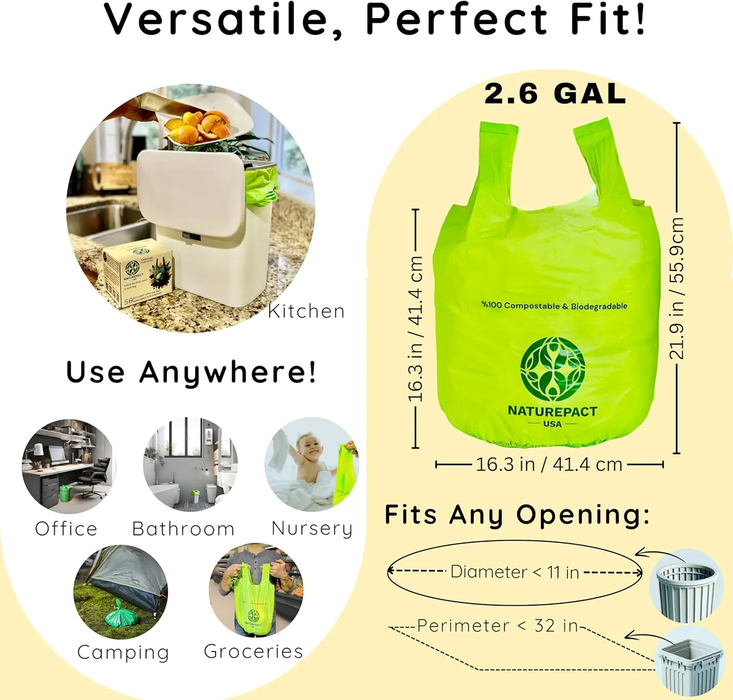 Extra Thick 1 MIL Compostable Trash Bags with Handles, 2.6 Gallon - Heavy Duty, Ultra Durable, Leak Proof, Kitchen Compost Bin Compatible, 50 Count, Handle-Tie