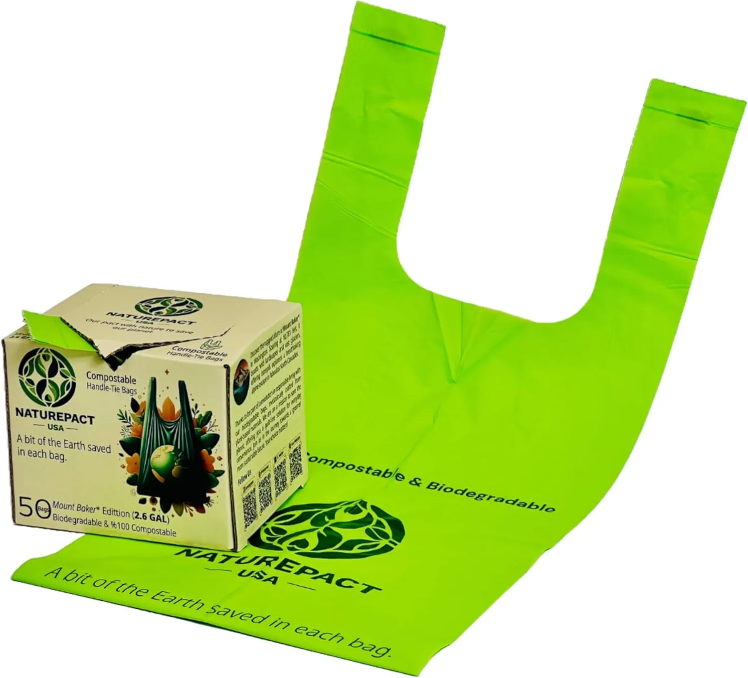 Extra Thick 1 MIL Compostable Trash Bags with Handles, 2.6 Gallon - Heavy Duty, Ultra Durable, Leak Proof, Kitchen Compost Bin Compatible, 50 Count, Handle-Tie