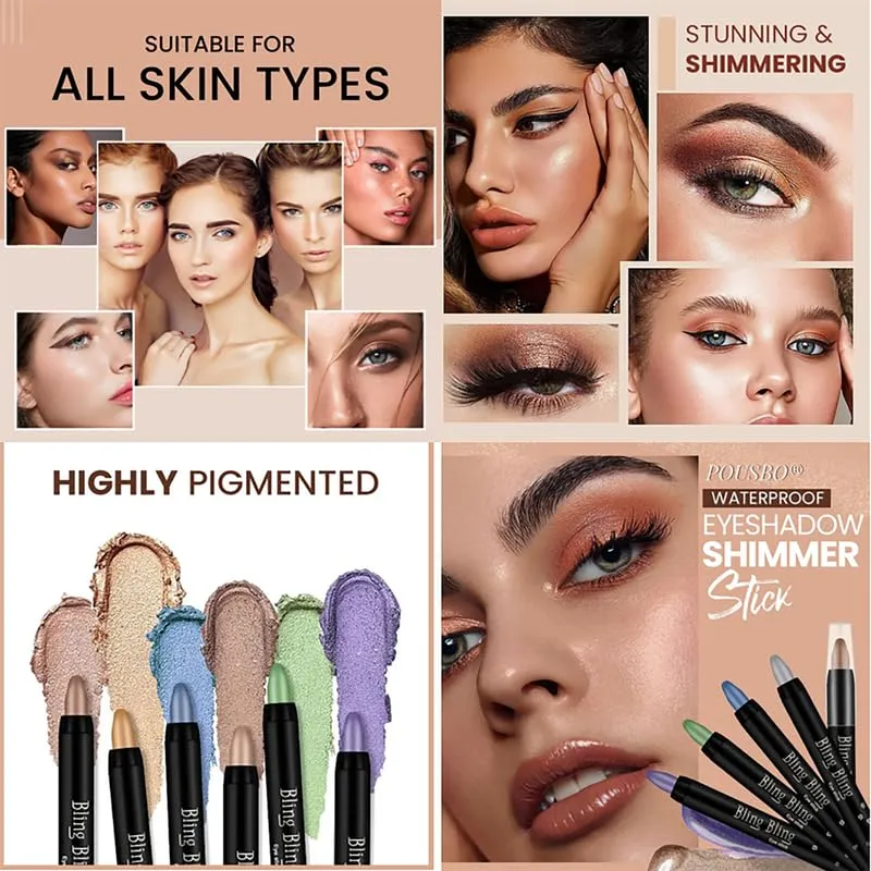 Eyeshadow Shimmer Stick, 2024 New Highlighter Eyeshadow Pencil Waterproof Glitter Eye Shadow Eyeliner Pen, Waterproof Eyeshadow Shimmer Stick Long Lasting Brightener Eyeshadow Pencil Crayon