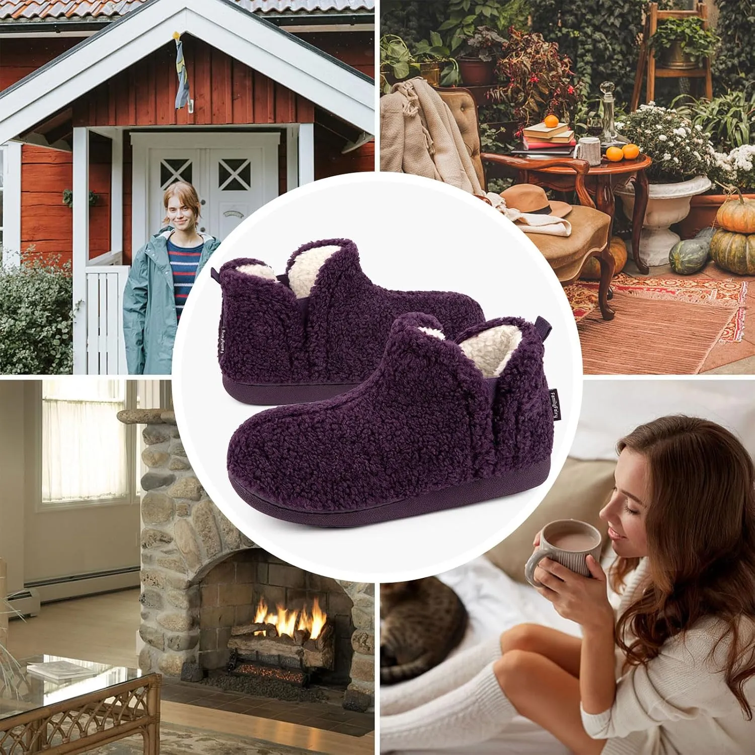 FamilyFairy Bootie Slippers for Women Warm House Shoes Memory Foam Indoor Outdoor Fuzzy Boots with Rubber Sole
