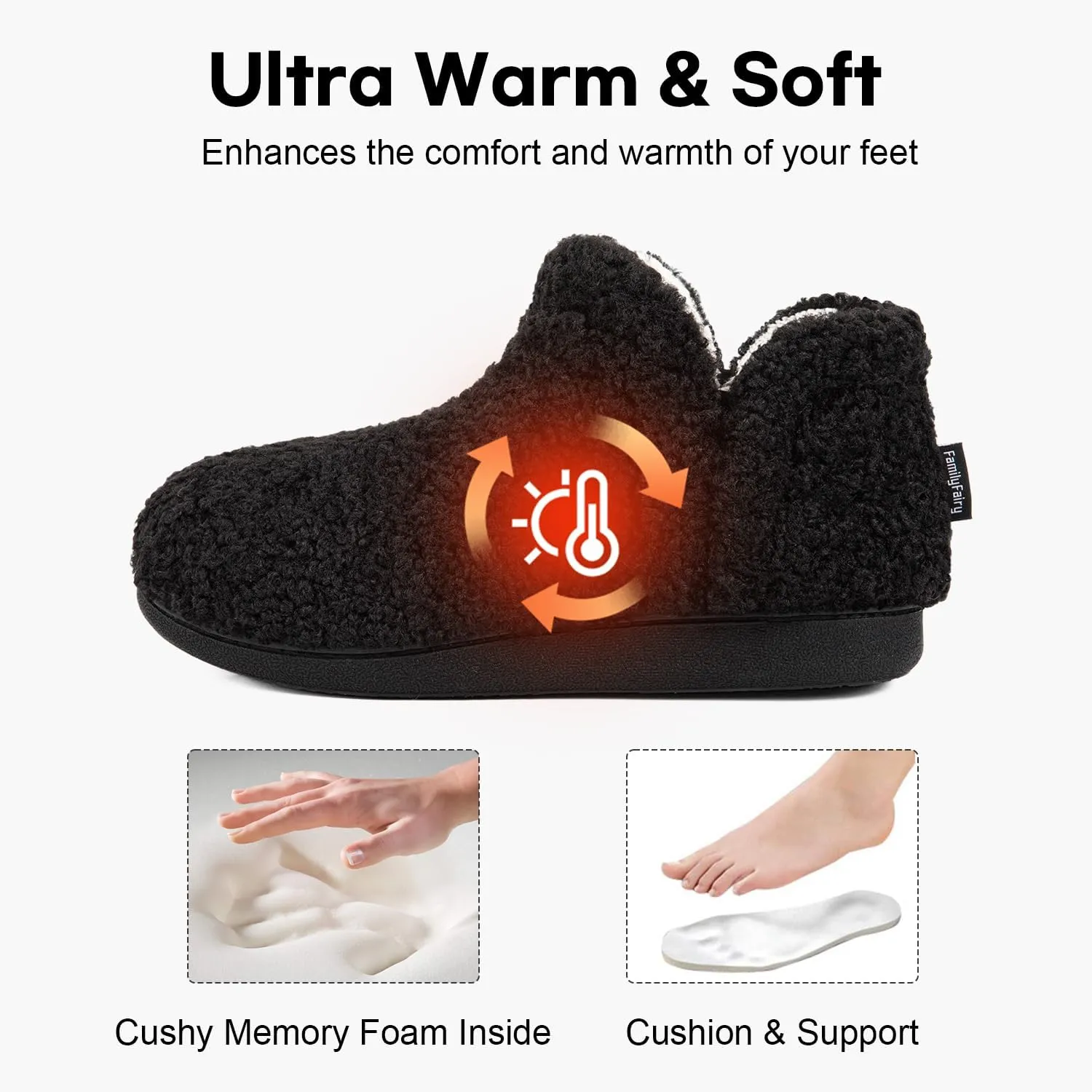 FamilyFairy Bootie Slippers for Women Warm House Shoes Memory Foam Indoor Outdoor Fuzzy Boots with Rubber Sole