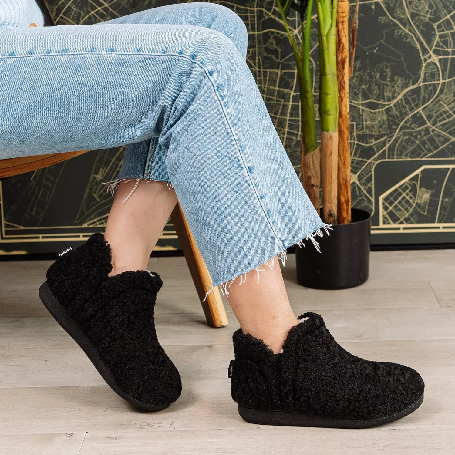 FamilyFairy Bootie Slippers for Women Warm House Shoes Memory Foam Indoor Outdoor Fuzzy Boots with Rubber Sole