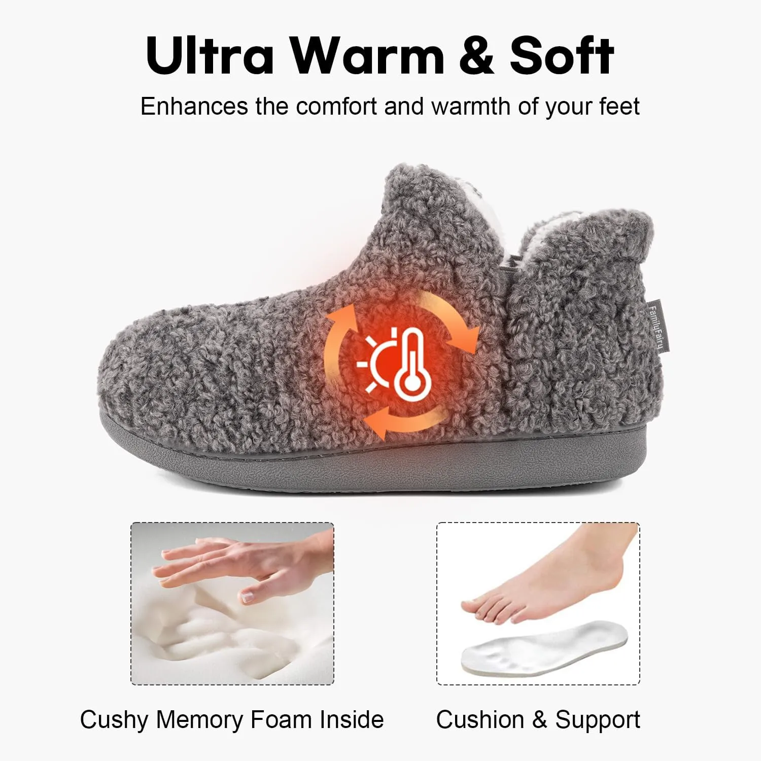 FamilyFairy Bootie Slippers for Women Warm House Shoes Memory Foam Indoor Outdoor Fuzzy Boots with Rubber Sole