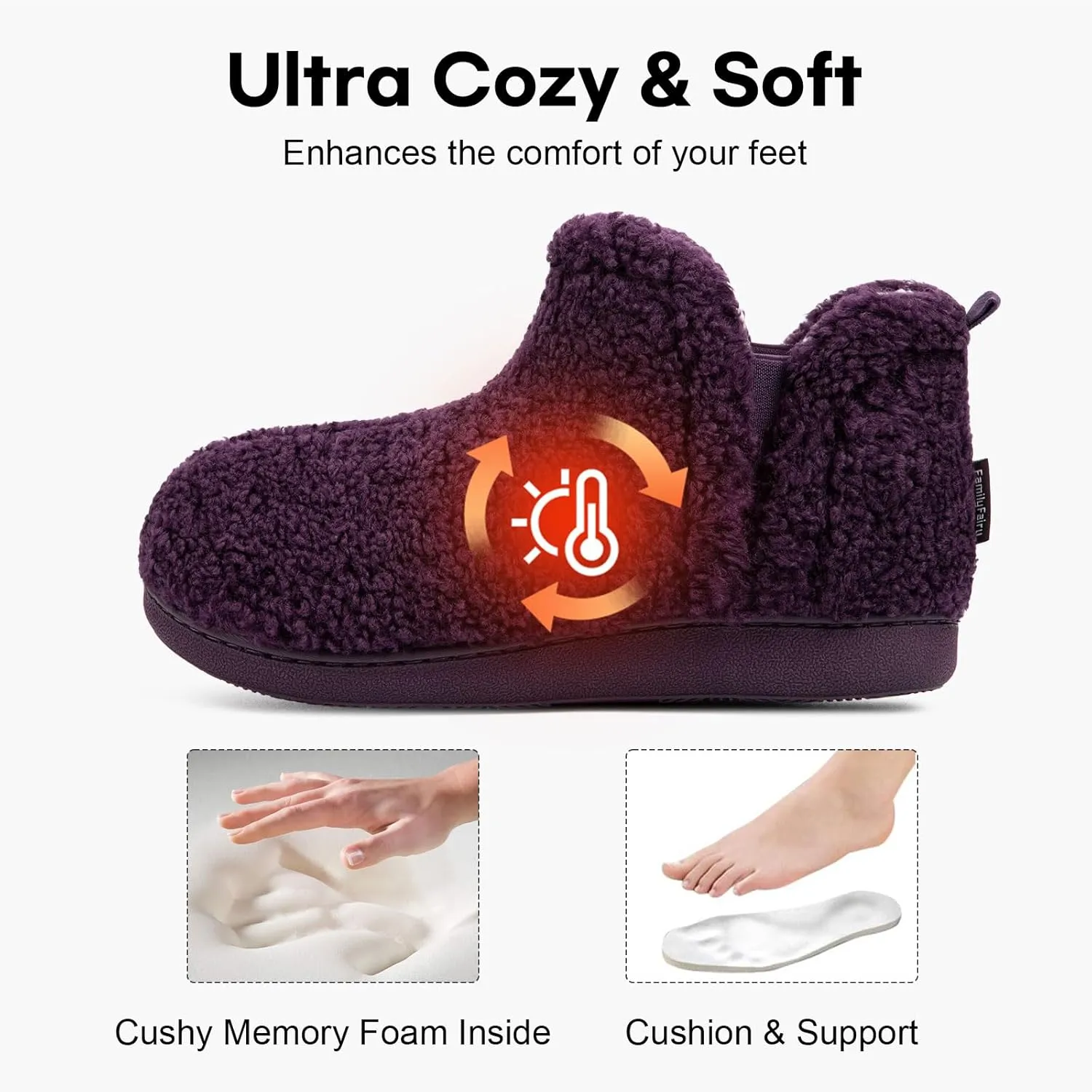 FamilyFairy Bootie Slippers for Women Warm House Shoes Memory Foam Indoor Outdoor Fuzzy Boots with Rubber Sole