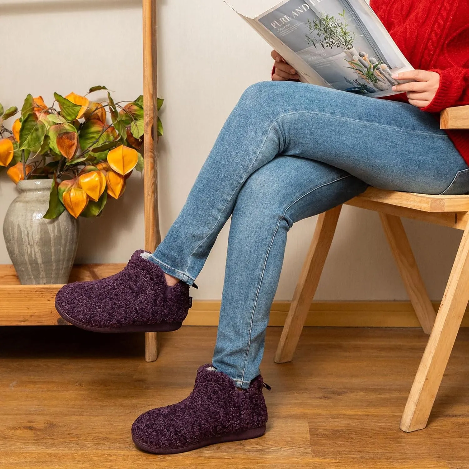 FamilyFairy Bootie Slippers for Women Warm House Shoes Memory Foam Indoor Outdoor Fuzzy Boots with Rubber Sole
