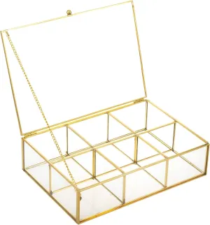 Feyarl Gold Glass Tea Bags Box Glass Jewelry Trinket Ring Earring Display Shadow Box Case CounterTop Keepsake Collection Holder Decorative Box for Home Decor Girl Woman