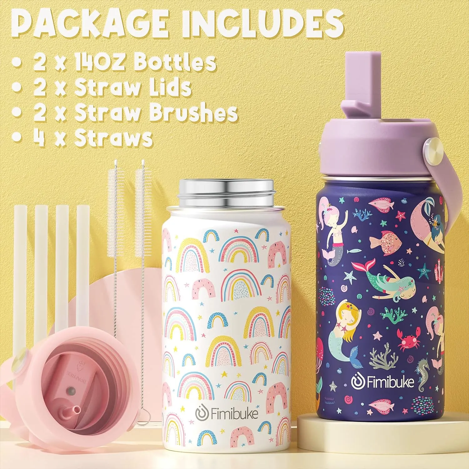 Fimibuke Kids Insulated Water Bottle, 14oz BPA FREE Double Wall Vacuum Tumbler 18/8 Stainless Steel Leak Proof Kids Cups with Straw Metal Water Bottle for School Boy Girl (2 Pack, RAINBOW/MERMAID)