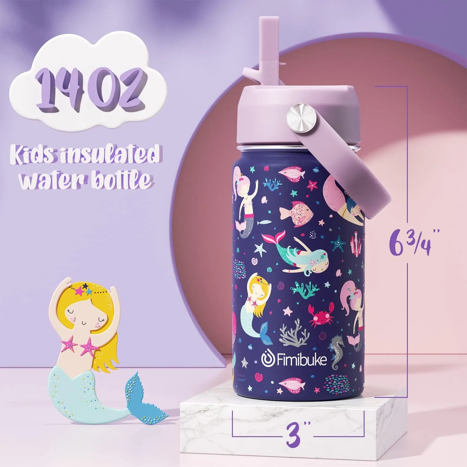 Fimibuke Kids Insulated Water Bottle, 14oz BPA FREE Double Wall Vacuum Tumbler 18/8 Stainless Steel Leak Proof Kids Cups with Straw Metal Water Bottle for School Boy Girl (2 Pack, RAINBOW/MERMAID)