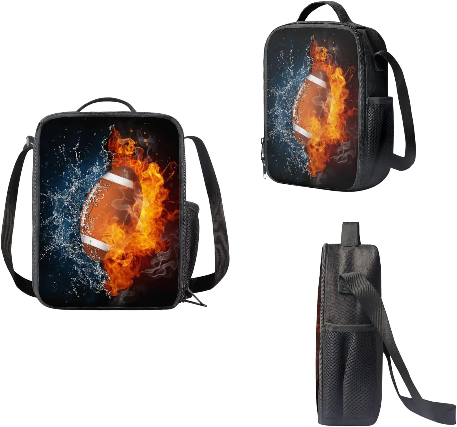 Fire Water Football Designs Backpack Set 3 Piece School Bags for Teen Boys Lunch Bags Pen Holder