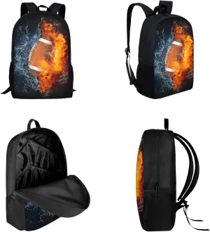 Fire Water Football Designs Backpack Set 3 Piece School Bags for Teen Boys Lunch Bags Pen Holder