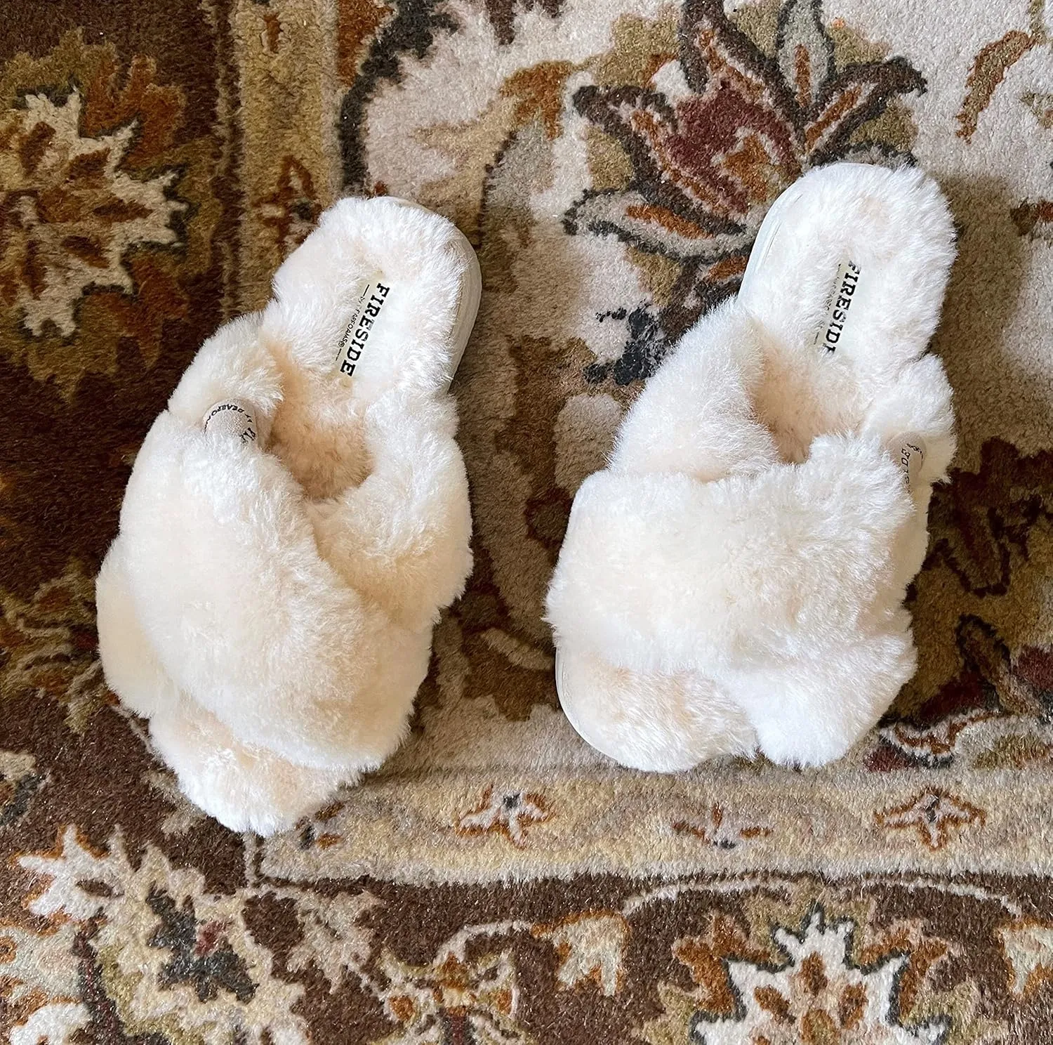 Fireside by Dearfoams Women's Newcastle Crossband All Over Shearling Easy on/Off Slide Slipper