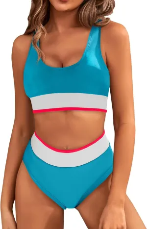 Fisoew Womens Bikini Sets Two Piece Swimsuit Color Block Sexy Tie Backless High Waisted Bathing Suit