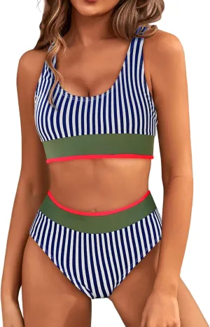 Fisoew Womens Bikini Sets Two Piece Swimsuit Color Block Sexy Tie Backless High Waisted Bathing Suit