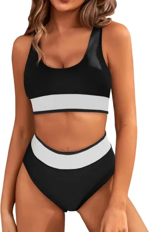Fisoew Womens Bikini Sets Two Piece Swimsuit Color Block Sexy Tie Backless High Waisted Bathing Suit
