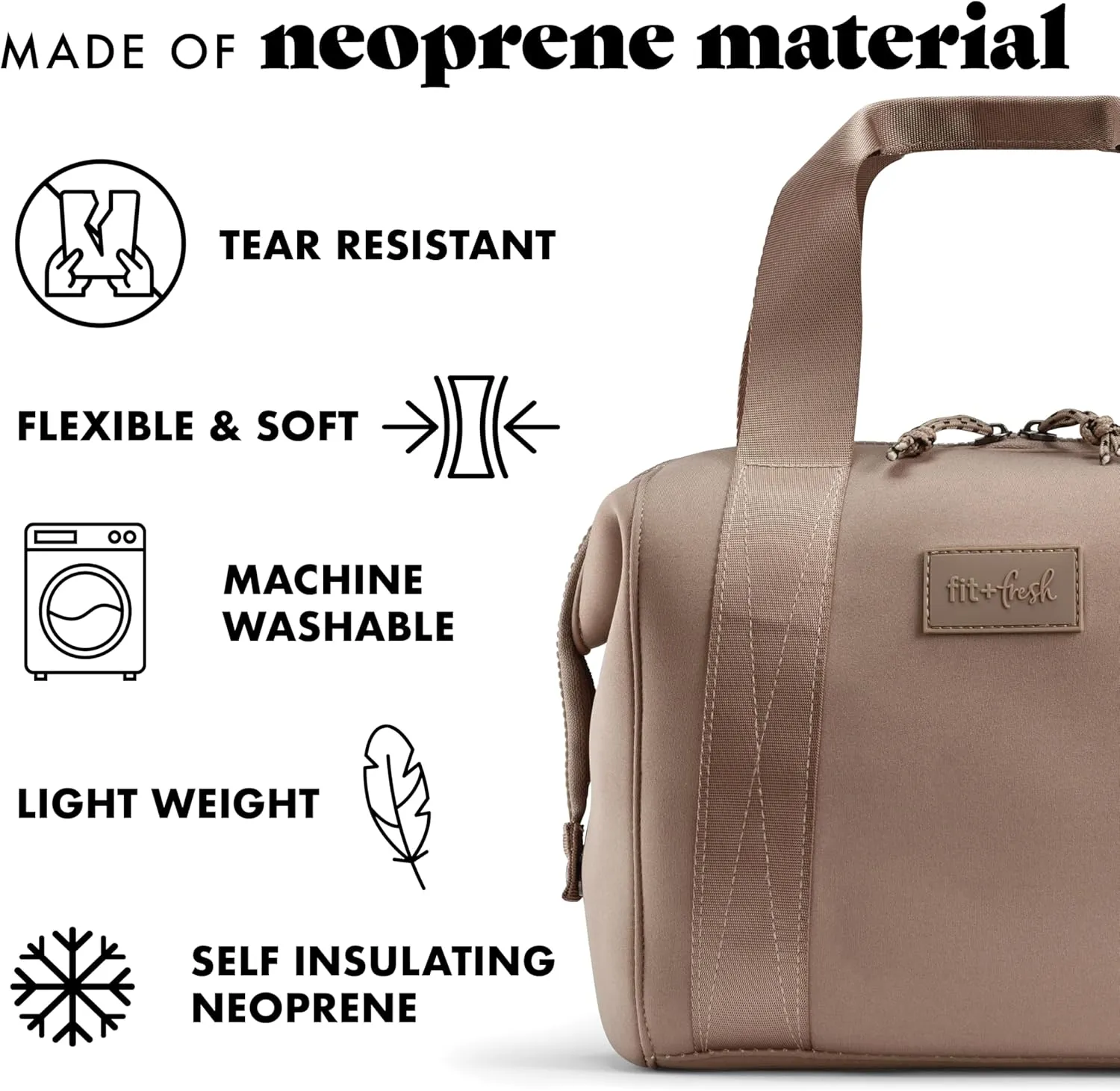 Fit & Fresh Neoprene Like Lunch Bag For Women, Insulated Womens Lunch Bag For Work, Tear & Stain Resistant Large Lunch Box With Containers and Ice, Machine Washable Remi Lunch Bag, Taupe