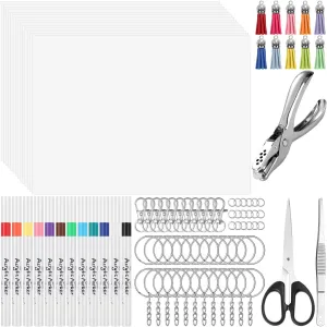 Flasoo 175 PCS Shrinky Plastic Sheets Kit, Including 20 Sheets Shrinky Art Paper, Acrylic Paint Markers, Tassels, Keychains, Hole Punch for Creative Crafts and Keychain Making