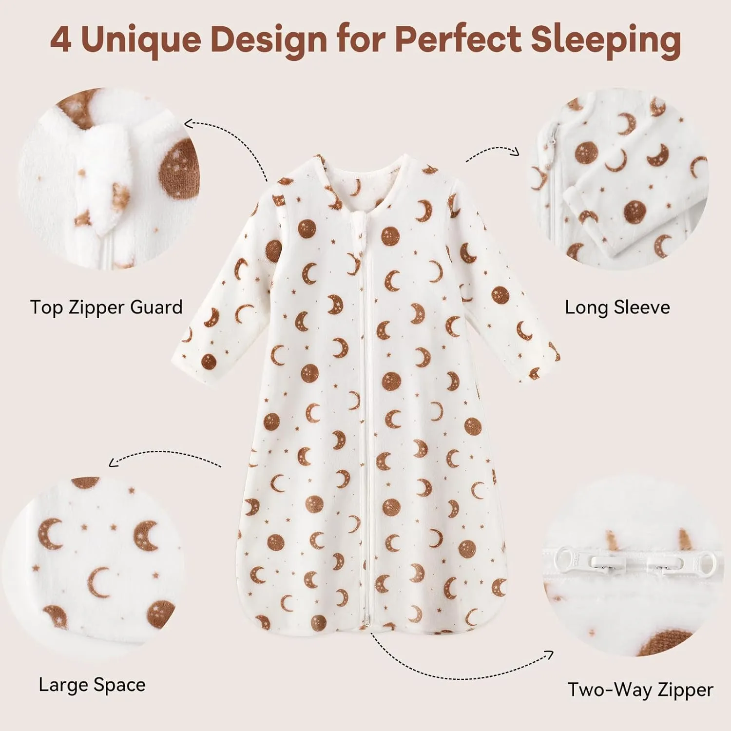 Fleece Baby Sleep Sack 12-18 Months Long Sleeve 2.0 Tog Baby Wearable Blanket with 2-Way Zipper Warm Sleeping Sack for Toddler Infant - Large White Brown Moon