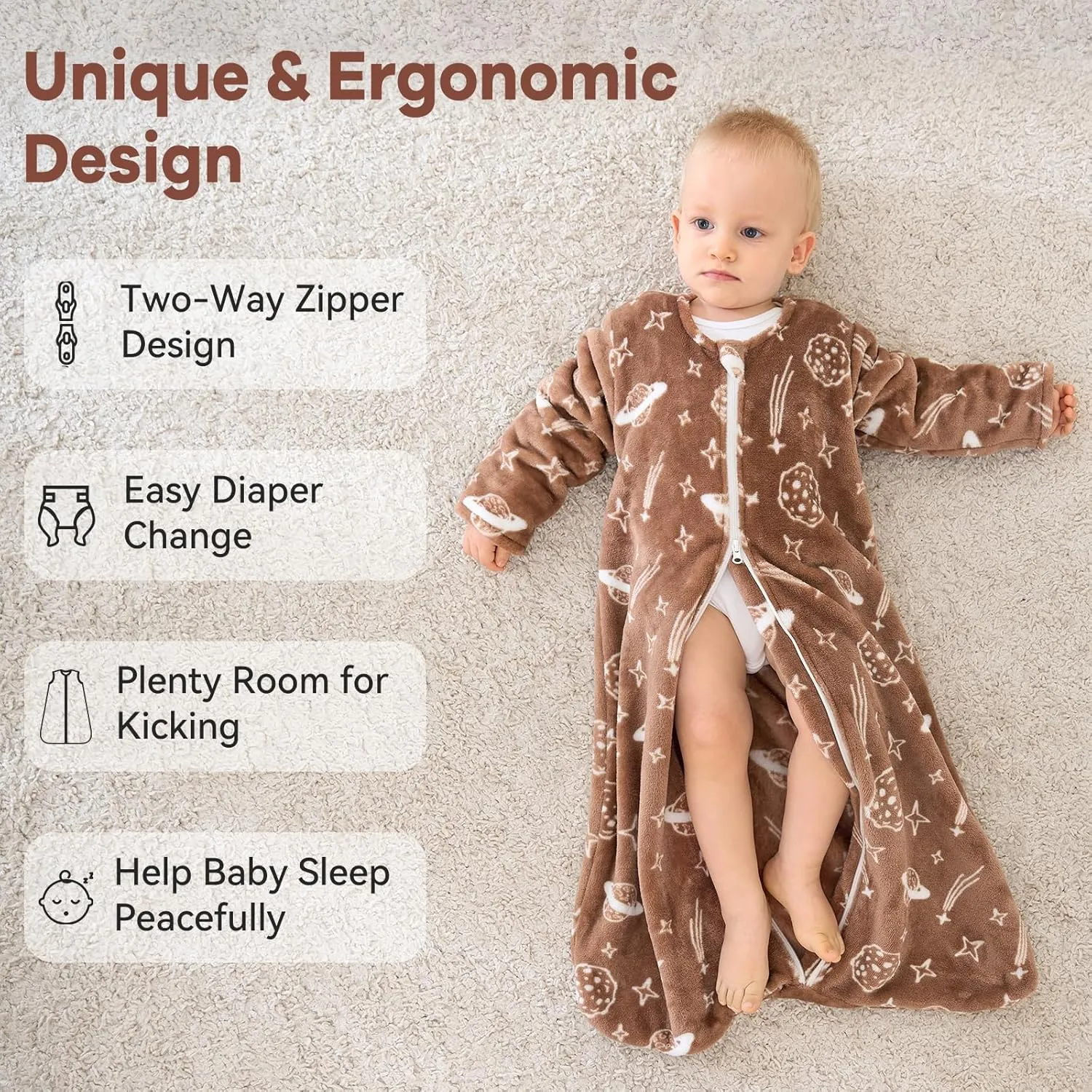 Fleece Baby Sleep Sack 12-18 Months Long Sleeve 2.0 Tog Baby Wearable Blanket with 2-Way Zipper Warm Sleeping Sack for Toddler Infant - Large White Brown Moon
