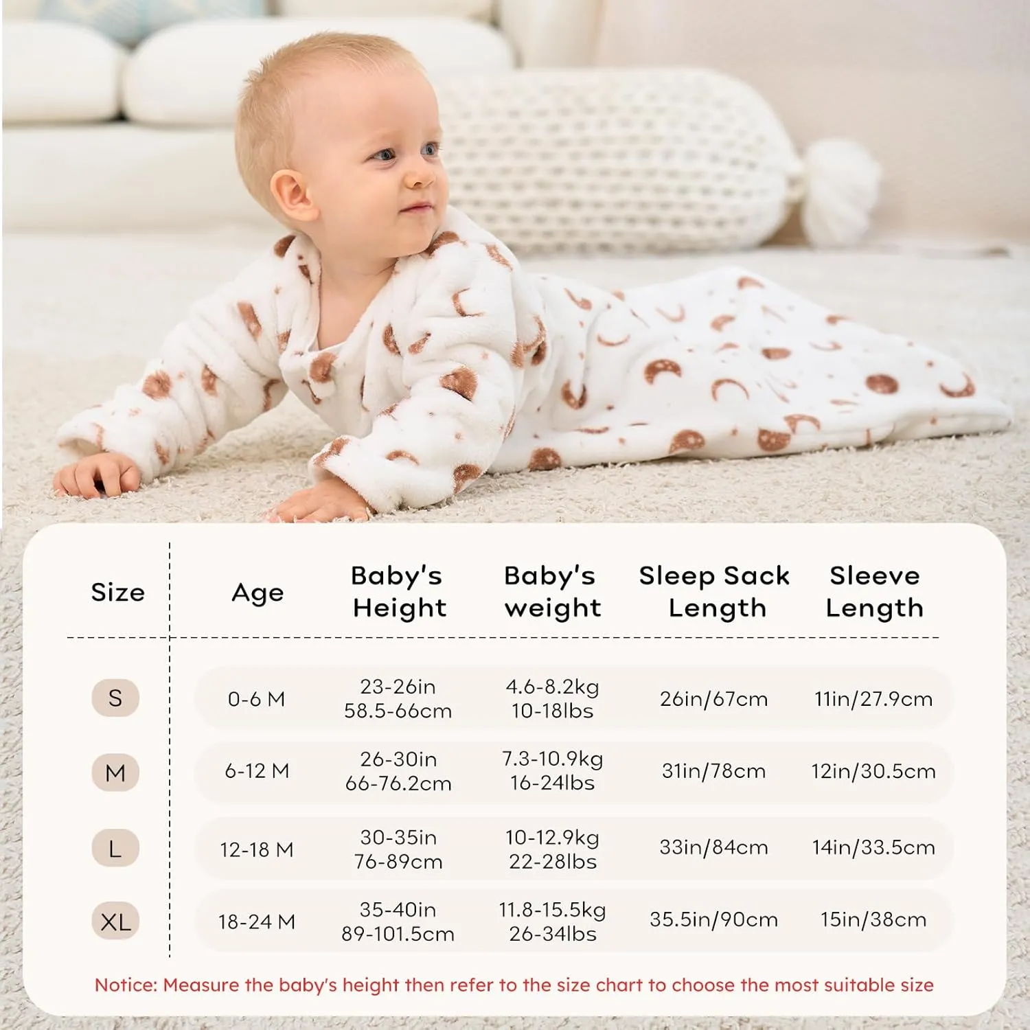 Fleece Baby Sleep Sack 12-18 Months Long Sleeve 2.0 Tog Baby Wearable Blanket with 2-Way Zipper Warm Sleeping Sack for Toddler Infant - Large White Brown Moon