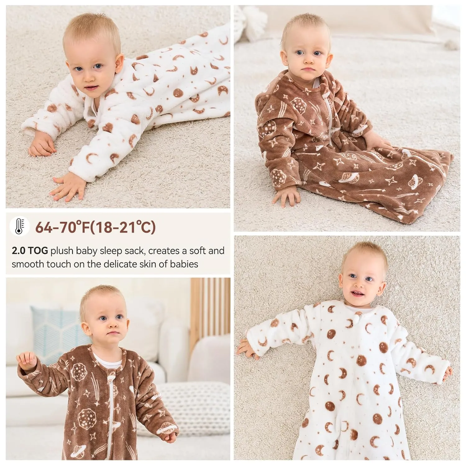 Fleece Baby Sleep Sack 12-18 Months Long Sleeve 2.0 Tog Baby Wearable Blanket with 2-Way Zipper Warm Sleeping Sack for Toddler Infant - Large White Brown Moon