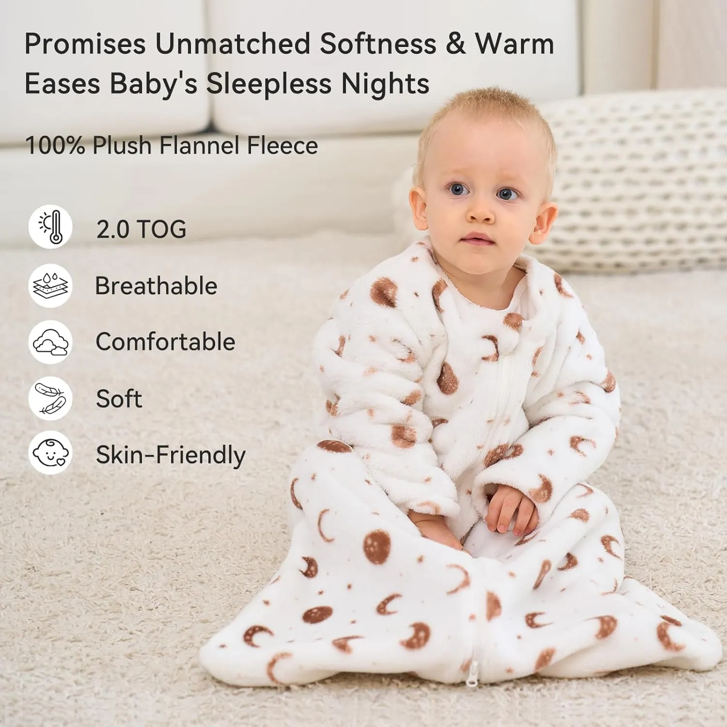 Fleece Baby Sleep Sack 12-18 Months Long Sleeve 2.0 Tog Baby Wearable Blanket with 2-Way Zipper Warm Sleeping Sack for Toddler Infant - Large White Brown Moon