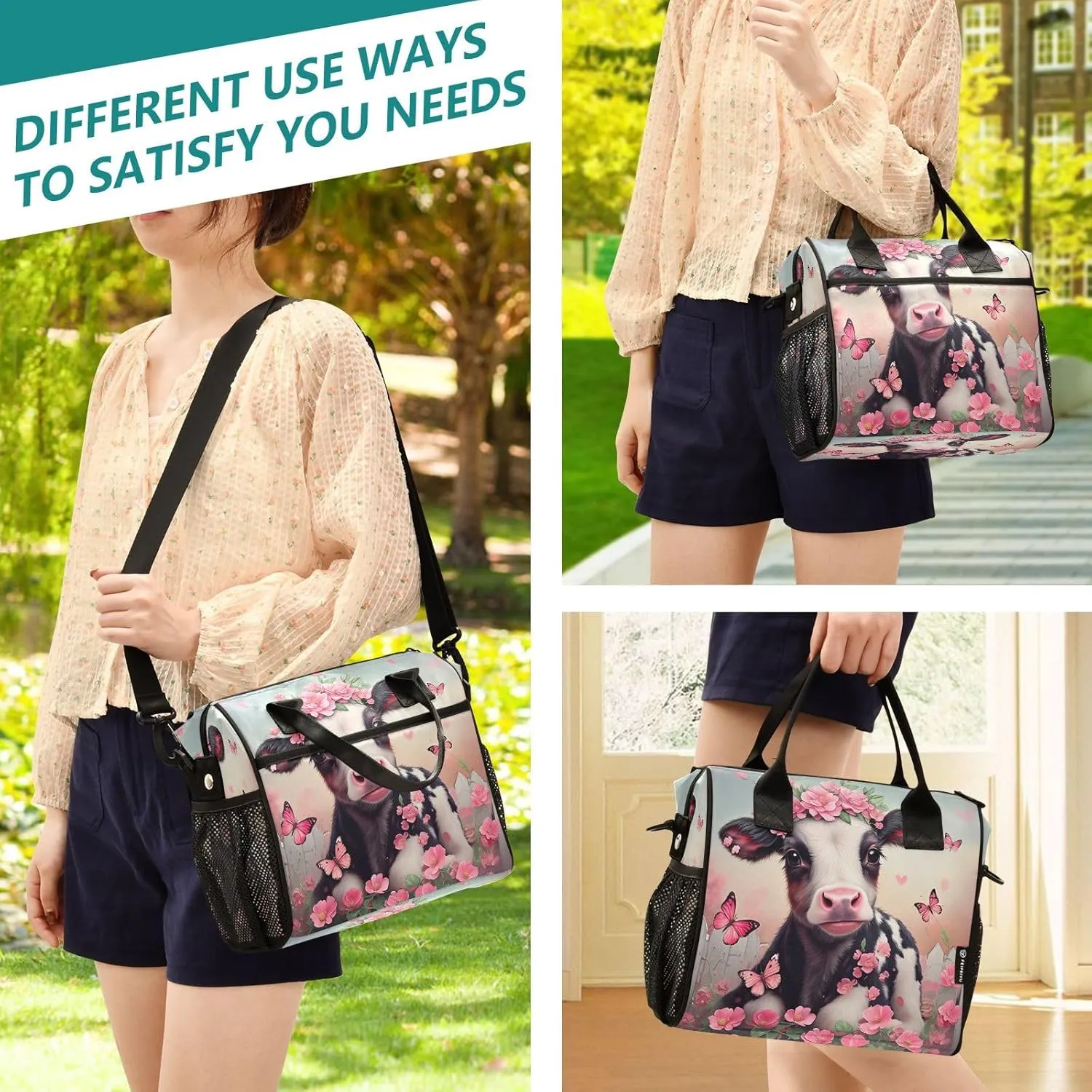Floral Calf Butterfly Pink Lunch Bag for Women Insulated Lunch Bag with Adjustable Shoulder Strap for Adults Picnic S