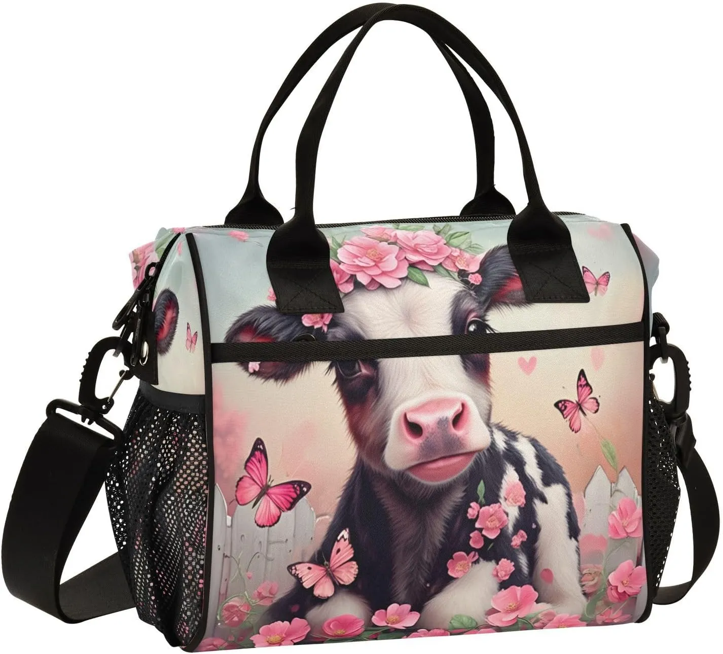Floral Calf Butterfly Pink Lunch Bag for Women Insulated Lunch Bag with Adjustable Shoulder Strap for Adults Picnic S