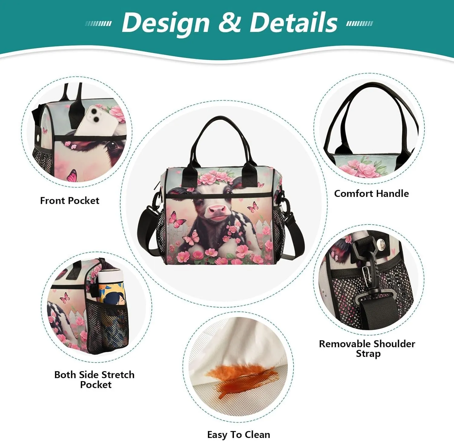 Floral Calf Butterfly Pink Lunch Bag for Women Insulated Lunch Bag with Adjustable Shoulder Strap for Adults Picnic S