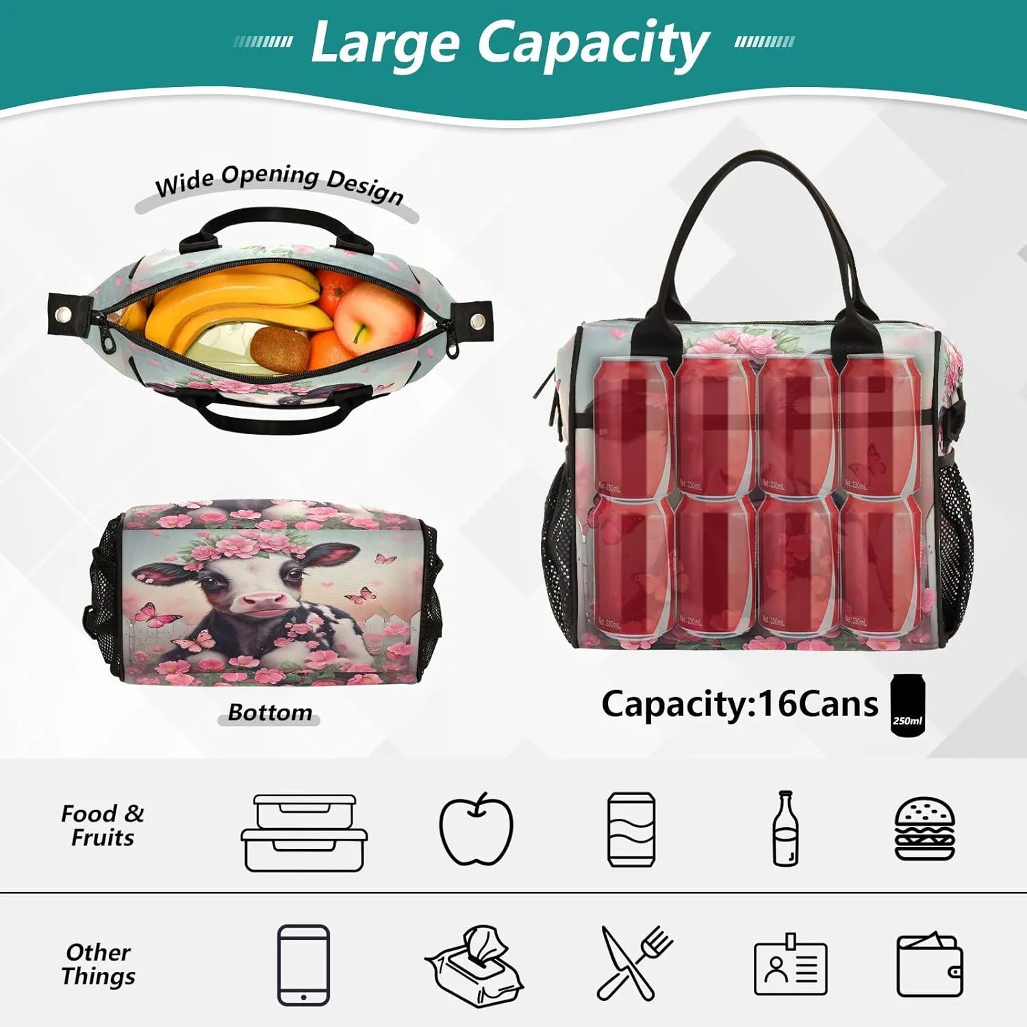 Floral Calf Butterfly Pink Lunch Bag for Women Insulated Lunch Bag with Adjustable Shoulder Strap for Adults Picnic S