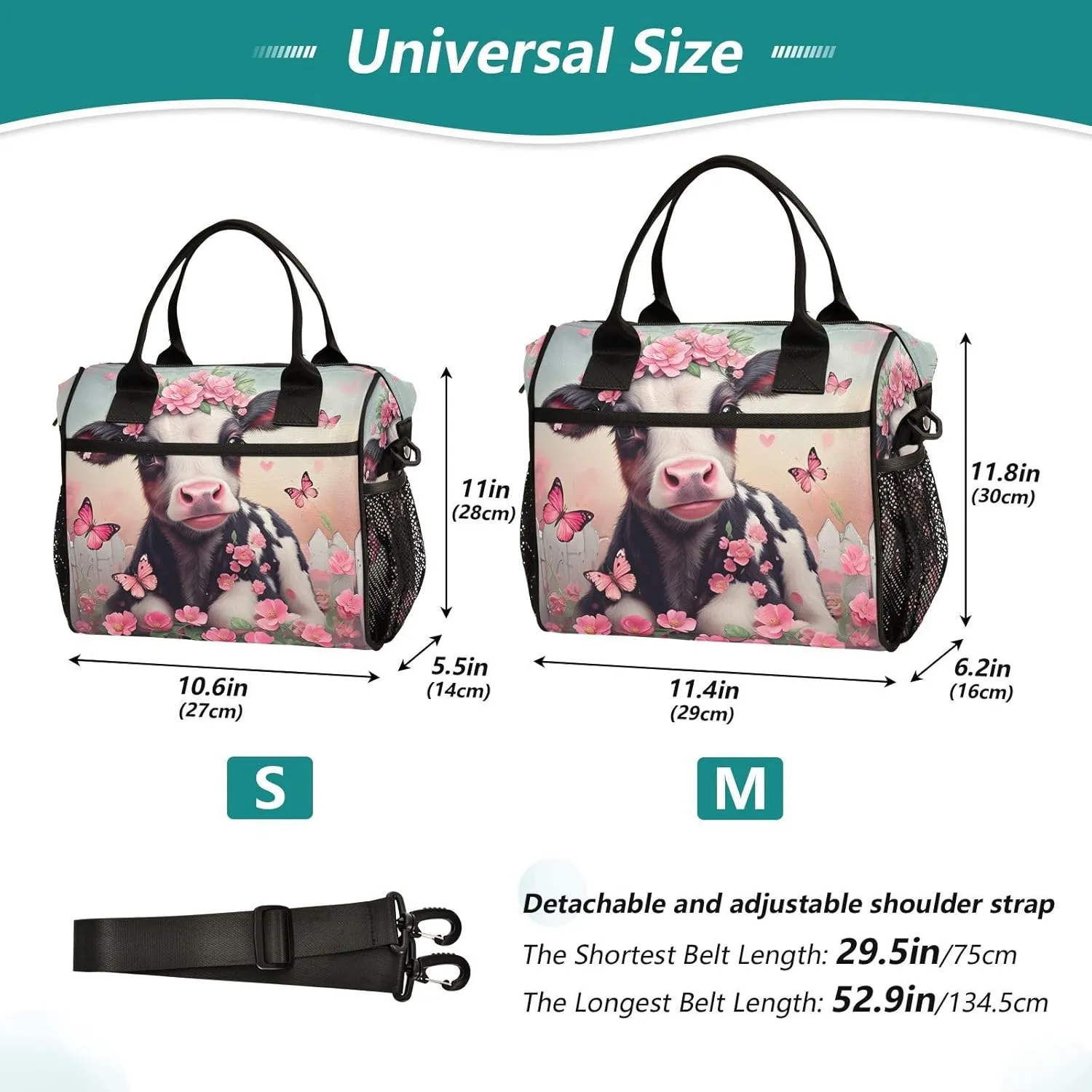 Floral Calf Butterfly Pink Lunch Bag for Women Insulated Lunch Bag with Adjustable Shoulder Strap for Adults Picnic S