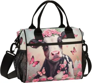 Floral Calf Butterfly Pink Lunch Bag for Women Insulated Lunch Bag with Adjustable Shoulder Strap for Adults Picnic S