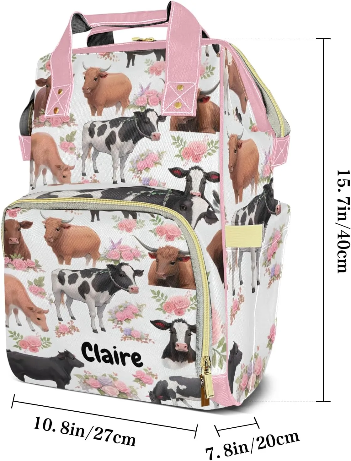Flower Cow Pattern Personalized Diaper Bag Backpack Name Custom Mommy Nappy Baby Bag Daypack for Mom Dad Gifts