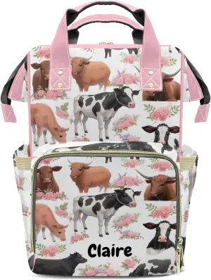 Flower Cow Pattern Personalized Diaper Bag Backpack Name Custom Mommy Nappy Baby Bag Daypack for Mom Dad Gifts