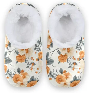 Flowers Watercolor Fuzzy Memory Foam Closed Back Slippers for Women Men Knit Fleece Lined House Shoes with Anti-Skid Sole Household Slippers for Hotel Indoor Outdoor Bedroom