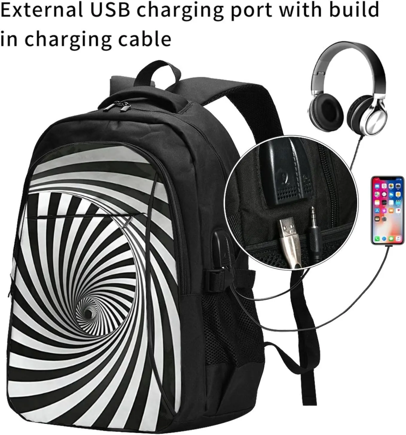 Flowing Monochrome Form Illusion Travel Laptop Backpack,18 Inch Carry on Backpack for Men Women with USB Port, Work Computer Backpack