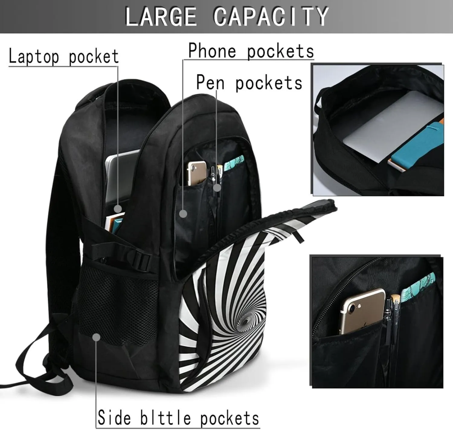 Flowing Monochrome Form Illusion Travel Laptop Backpack,18 Inch Carry on Backpack for Men Women with USB Port, Work Computer Backpack