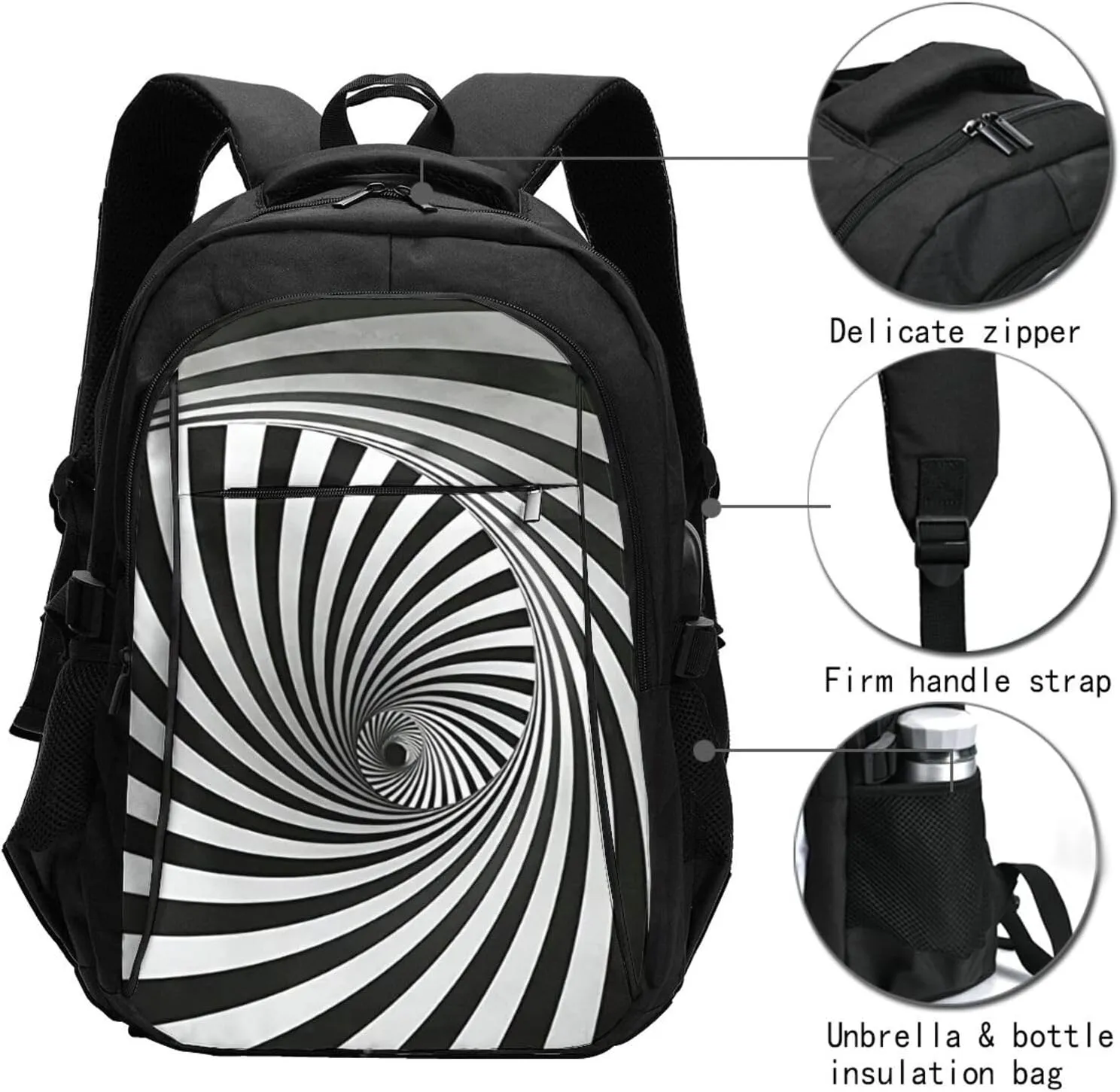 Flowing Monochrome Form Illusion Travel Laptop Backpack,18 Inch Carry on Backpack for Men Women with USB Port, Work Computer Backpack