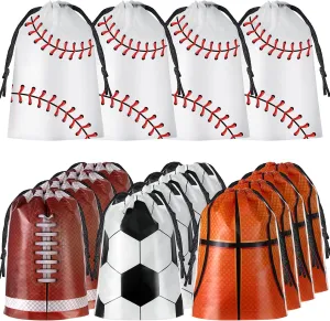 Flutesan 60 Pcs Baseball Gift Bags Bulk Sports Themed 6 x 8 Inch Baseball Soccer Football Basketball Drawstring Backpacks Plastic Gift Treat Bags for Sports Party Favor Supplies Decoration