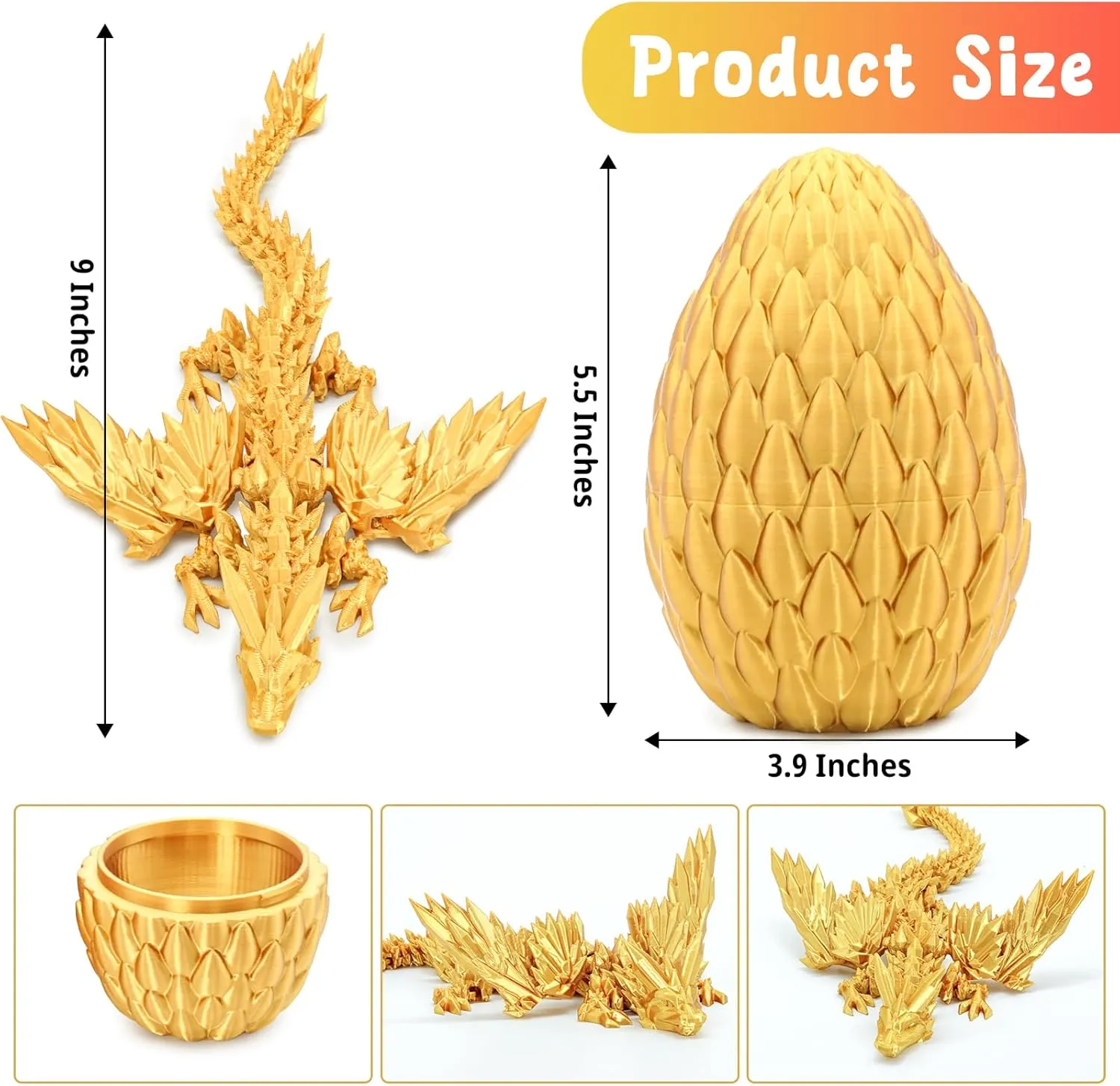 Flying Dragon Eggs, 3D Printed Dragon Egg with Articulated Dragon Inside, Toys for Kids, Home Decor, Creative Ornaments, Birthday Gifts for Kids, Easter (Golden,Medium)
