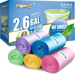 Forid Small Trash Bags for Bathroom - 2.6 Gallon Garbage Bags Unscented,Extra Thick Strong Wastebasket Can Liners for Home Office Bedroom,150 Count 5 Color
