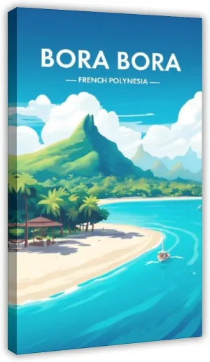 French Polynesia - Scenic Spots - Polynesian Landscape Watercolor Retro Poster Canvas Poster Wall Art Decor Print Picture Paintings for Living Room Bedroom Decoration Frame: Frame:16x24inch(