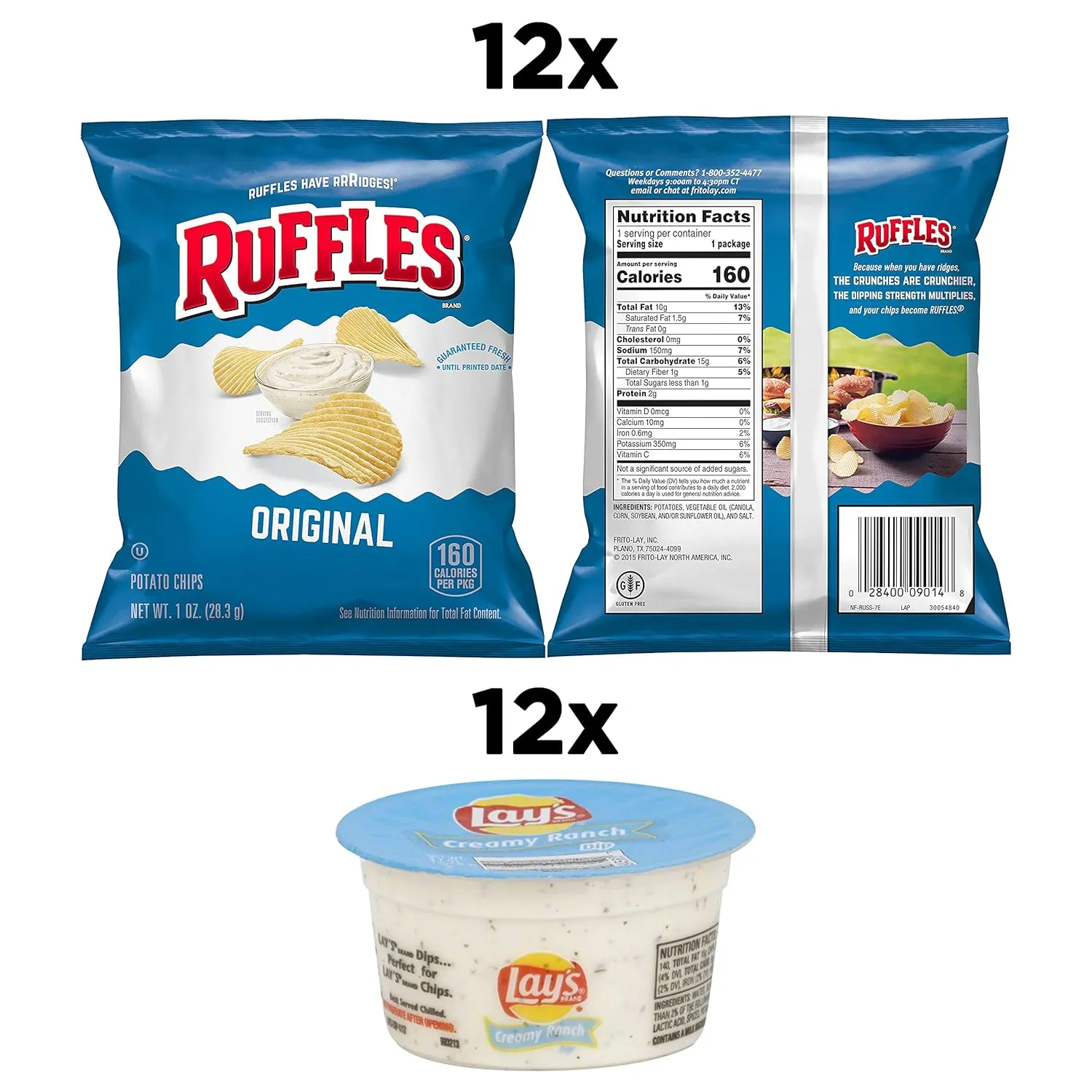 Frito Lay Ruffles Chips and Lay's Ranch Dip Cups Variety Pack, (Pack of 24)