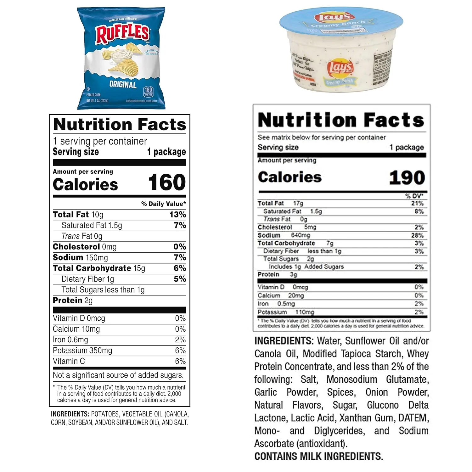 Frito Lay Ruffles Chips and Lay's Ranch Dip Cups Variety Pack, (Pack of 24)