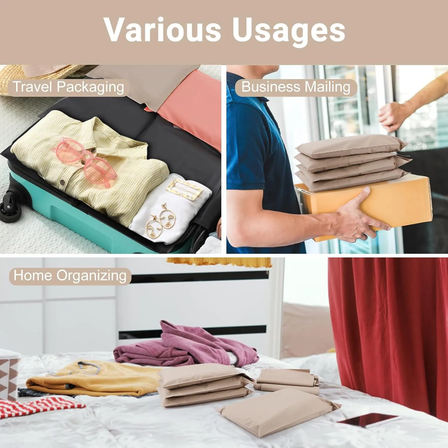 Frosted Zipper Bags for Clothes, 12x16 inch, Pack of 100, Apricot Plastic Bags for Clothes, Swimsuit, Dress, Sweater, Waterproof for T Shirt Packaging, Shipping, Mailing, Selling, Travel
